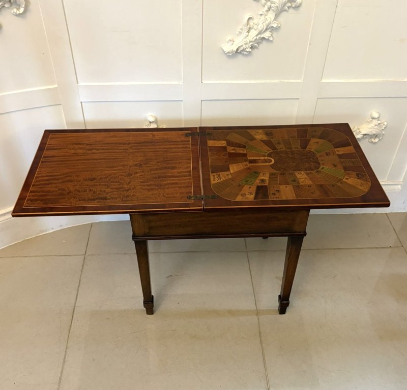 Antique Edwardian Inlaid Folding Game/Lamp Table Featuring “The Royal and Pleasant Game of Goose”